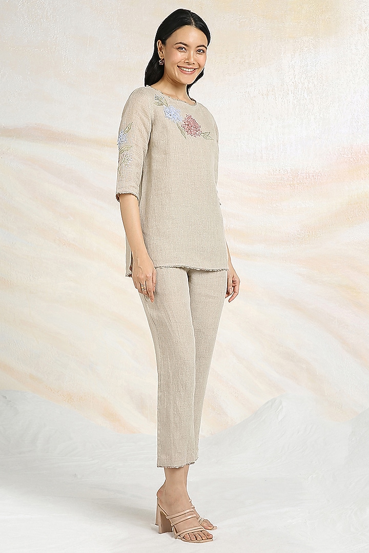 Natural Beige Linen Hand Embroidered Co-Ord Set by Kaveri at Pernia's Pop Up Shop