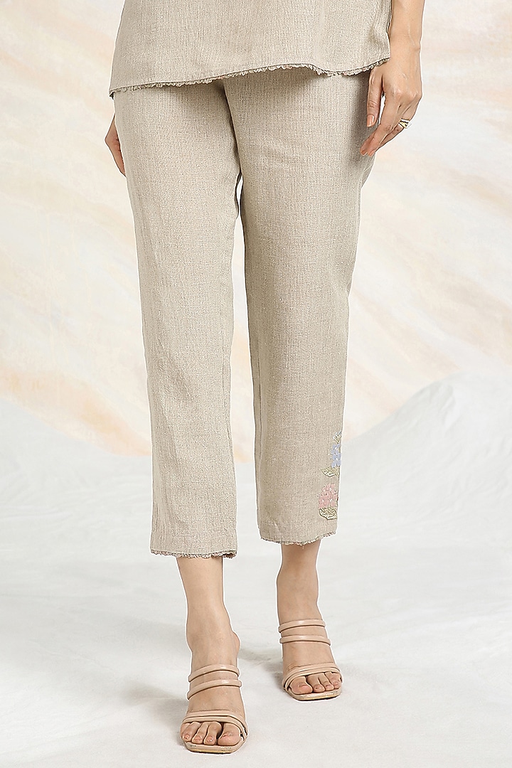 Natural Beige Linen Hand Embroidered Co-Ord Set by Kaveri at Pernia's Pop Up Shop
