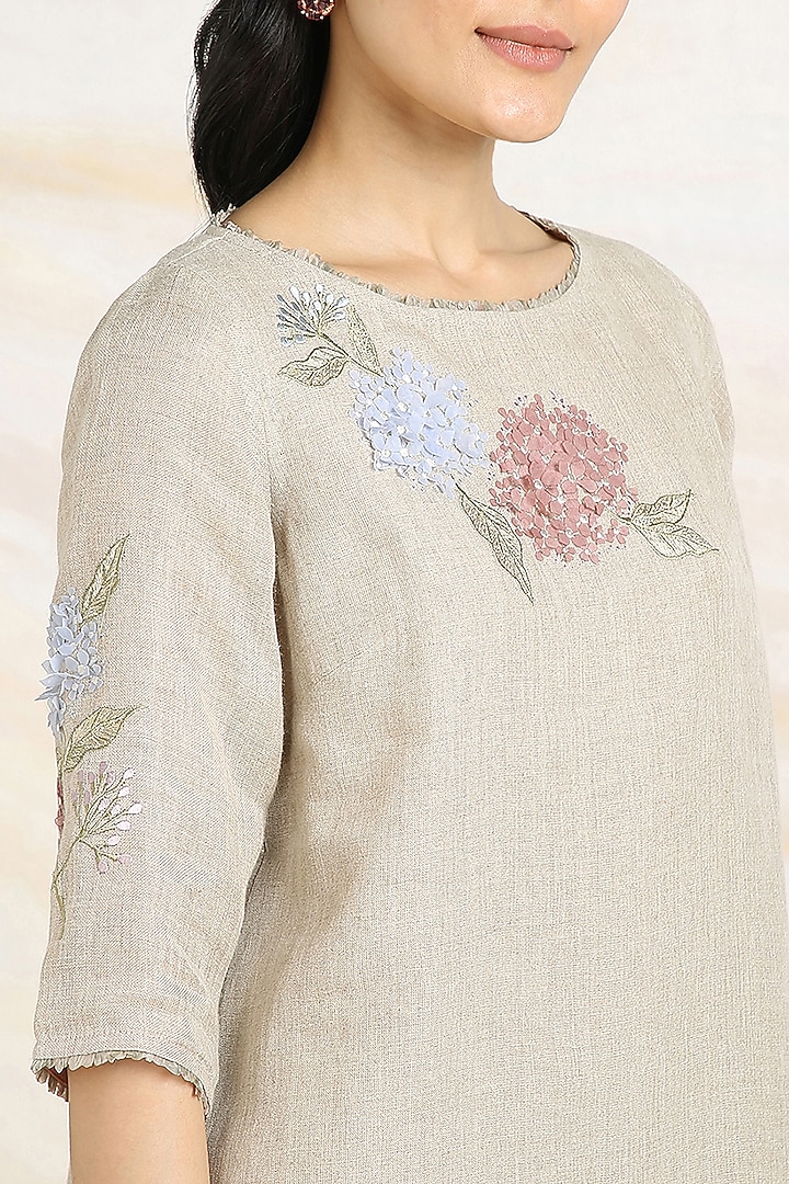 Natural Beige Linen Hand Embroidered Co-Ord Set by Kaveri at Pernia's Pop Up Shop
