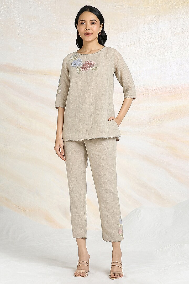 Natural Beige Linen Hand Embroidered Top by Kaveri at Pernia's Pop Up Shop