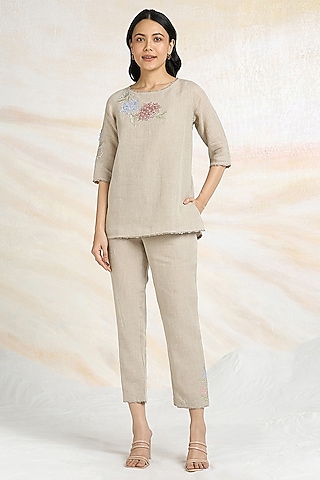 Natural Beige Linen Hand Embroidered Top by Kaveri