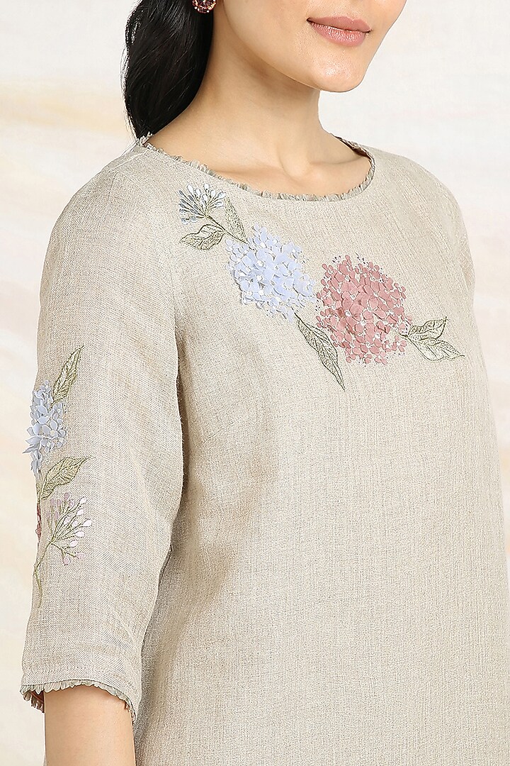 Natural Beige Linen Hand Embroidered Top by Kaveri at Pernia's Pop Up Shop