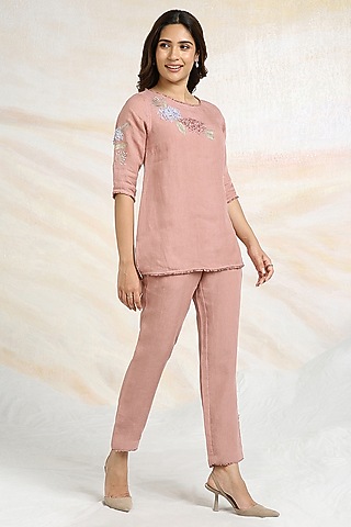 Peony Pink Linen Hand Embroidered Top by Kaveri