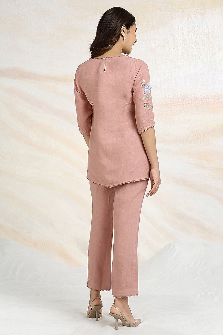Peony Pink Linen Hand Embroidered Top by Kaveri at Pernia's Pop Up Shop