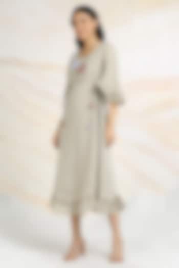 Natural Beige Linen Floral Hand Embroidered & Printed Vacation Dress by Kaveri at Pernia's Pop Up Shop