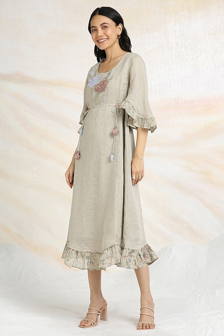 Natural Beige Linen Floral Hand Embroidered & Printed Vacation Dress by Kaveri at Pernia's Pop Up Shop