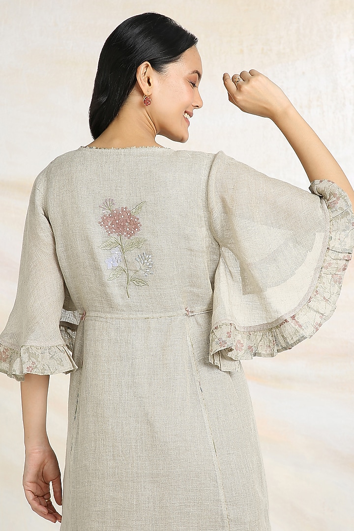 Natural Beige Linen Floral Hand Embroidered & Printed Vacation Dress by Kaveri at Pernia's Pop Up Shop