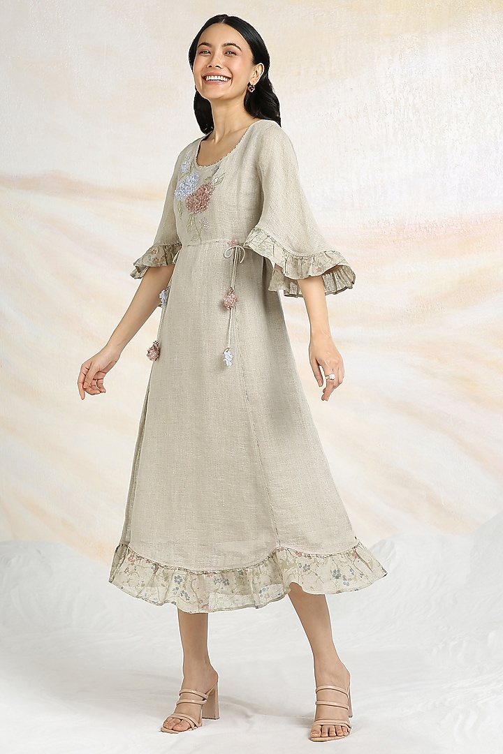 Natural Beige Linen Floral Hand Embroidered & Printed Vacation Dress by Kaveri at Pernia's Pop Up Shop