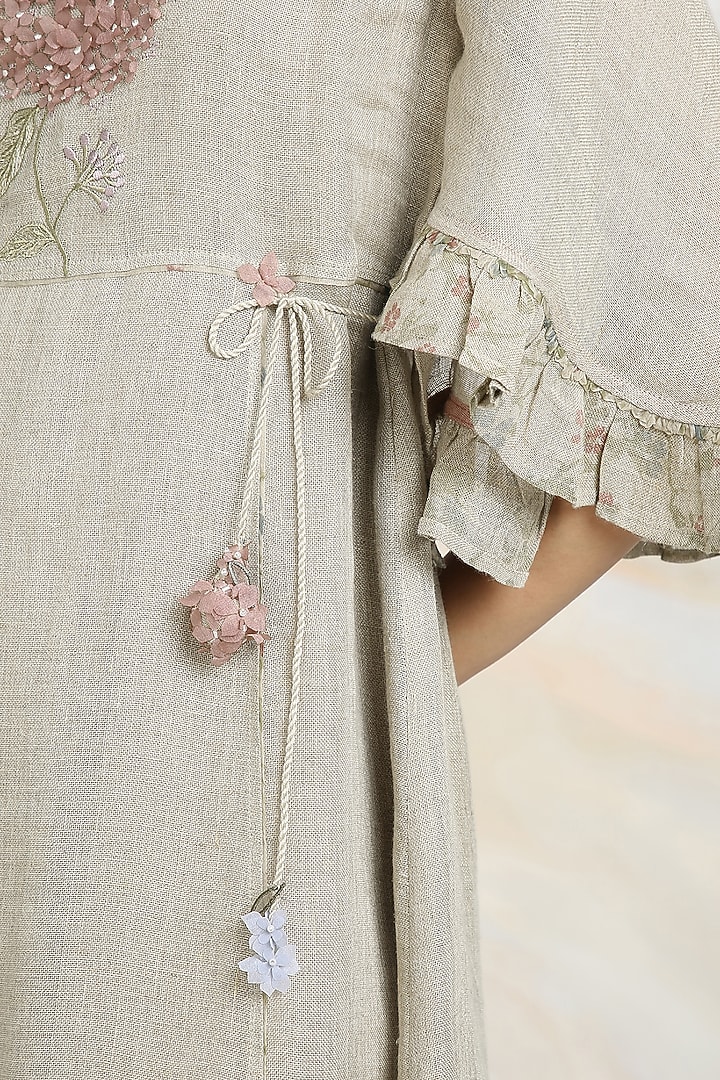 Natural Beige Linen Floral Hand Embroidered & Printed Vacation Dress by Kaveri at Pernia's Pop Up Shop