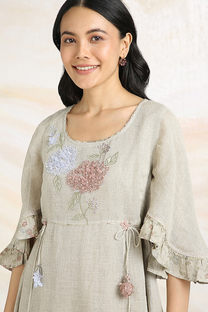 Natural Beige Linen Floral Hand Embroidered & Printed Vacation Dress by Kaveri at Pernia's Pop Up Shop