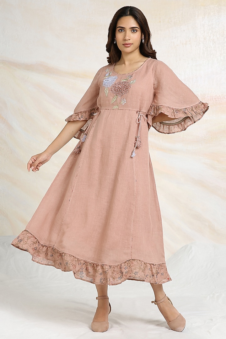 Peony Pink Linen Floral Hand Embroidered & Printed Vacation Dress by Kaveri at Pernia's Pop Up Shop