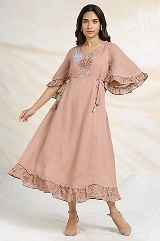 Peony Pink Linen Floral Hand Embroidered & Printed Dress by Kaveri