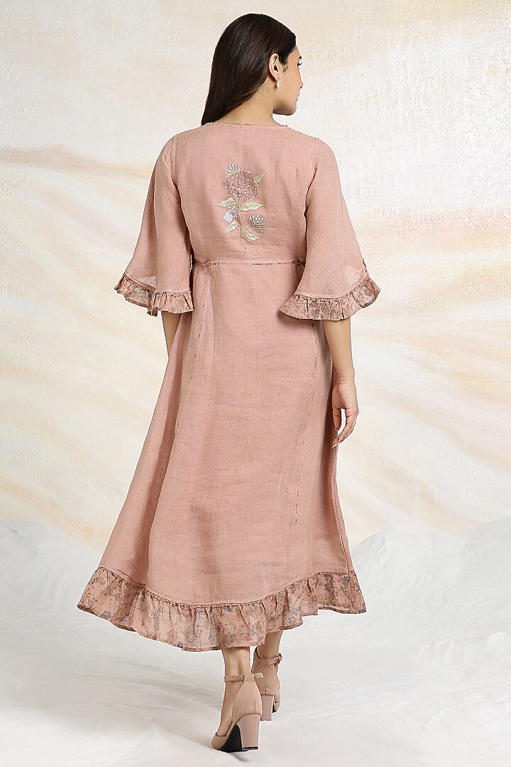Peony Pink Linen Floral Hand Embroidered & Printed Vacation Dress by Kaveri at Pernia's Pop Up Shop