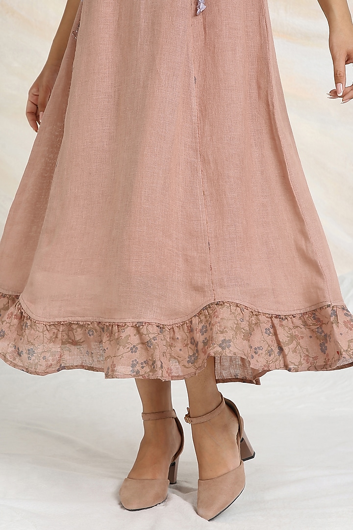 Peony Pink Linen Floral Hand Embroidered & Printed Vacation Dress by Kaveri at Pernia's Pop Up Shop