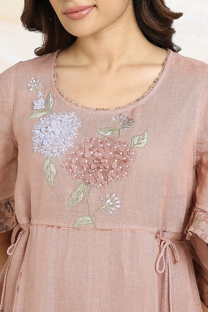 Peony Pink Linen Floral Hand Embroidered & Printed Vacation Dress by Kaveri at Pernia's Pop Up Shop