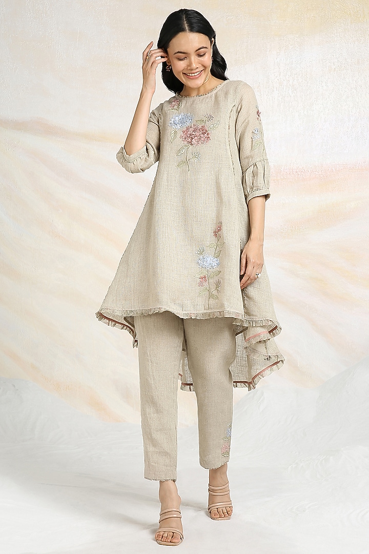 Natural Beige Linen Floral Hand Embroidered & Printed Co-Ord Set by Kaveri at Pernia's Pop Up Shop
