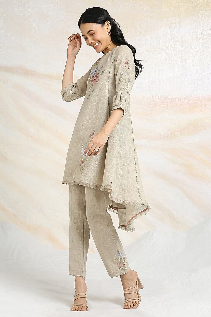 Natural Beige Linen Floral Hand Embroidered & Printed Co-Ord Set by Kaveri at Pernia's Pop Up Shop