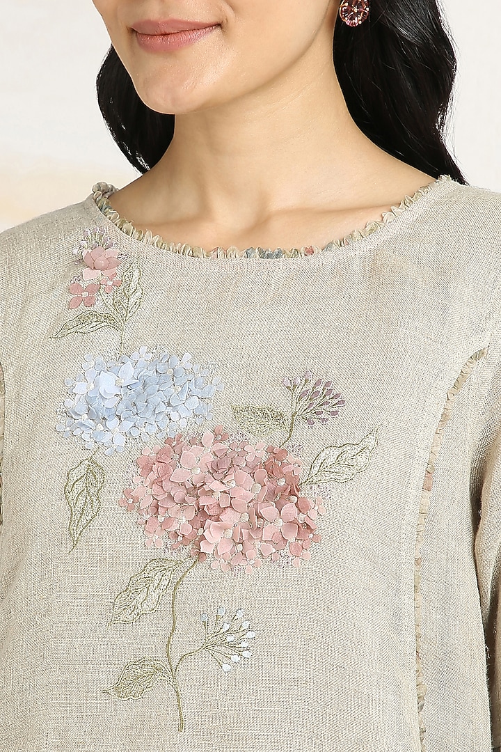 Natural Beige Linen Floral Hand Embroidered & Printed Co-Ord Set by Kaveri at Pernia's Pop Up Shop