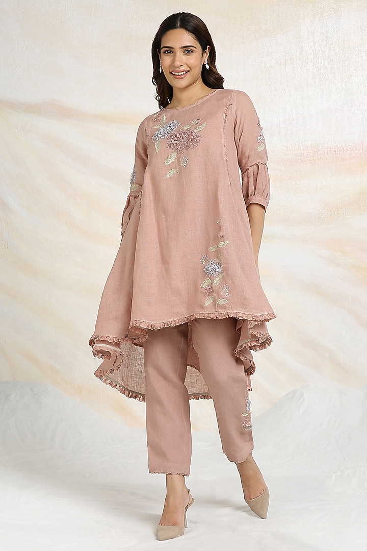 Peony Pink Linen Floral Hand Embroidered & Printed Co-Ord Set by Kaveri at Pernia's Pop Up Shop