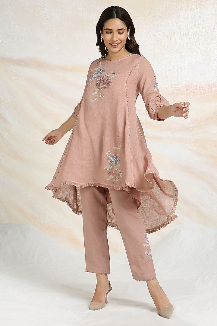 Peony Pink Linen Floral Hand Embroidered & Printed Co-Ord Set by Kaveri at Pernia's Pop Up Shop