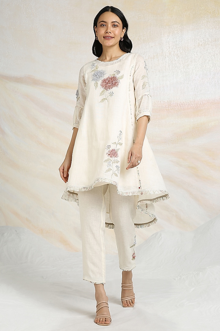 Off-White Linen Floral Hand Embroidered & Printed Top by Kaveri at Pernia's Pop Up Shop