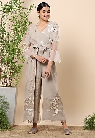 Nude Silk Organza Embroidered Jumpsuit by Kaveri