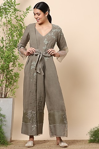 Sage Grey Silk Organza Embroidered Jumpsuit by Kaveri