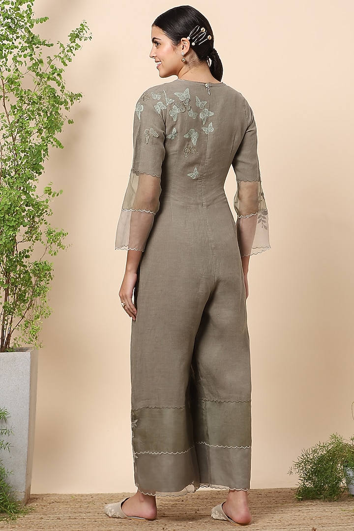 Sage Grey Silk Organza Embroidered Jumpsuit by Kaveri at Pernia's Pop Up Shop