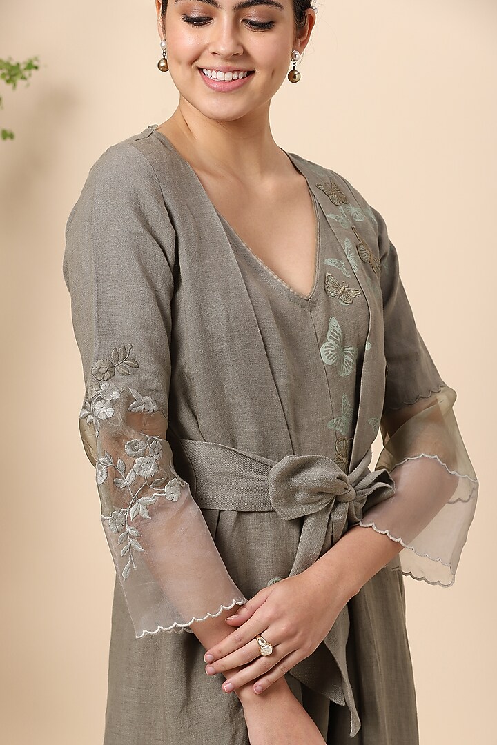 Sage Grey Silk Organza Embroidered Jumpsuit by Kaveri at Pernia's Pop Up Shop