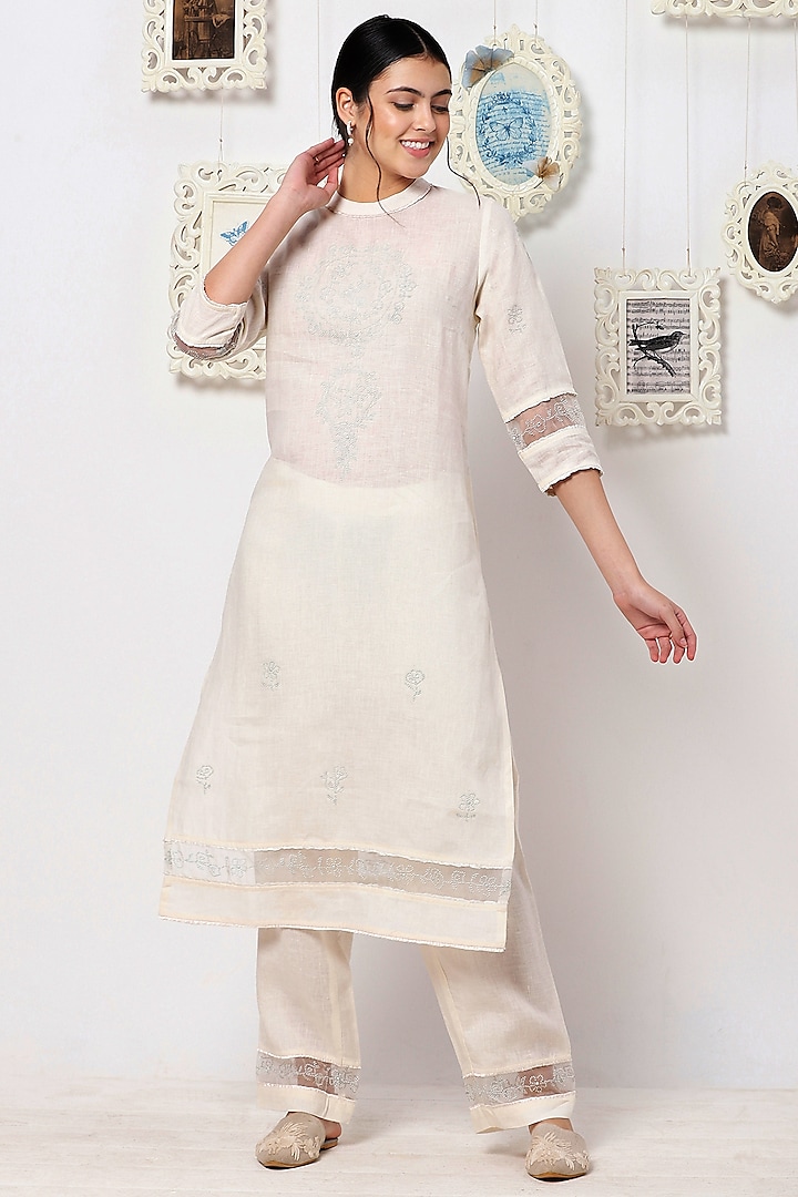 Off-White Embroidered Tunic Set by Kaveri