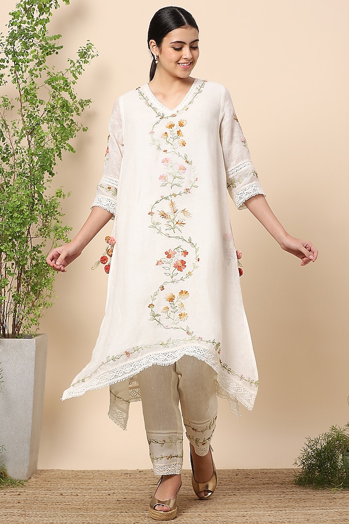 Off-White Linen Embroidered Tunic Set by Kaveri