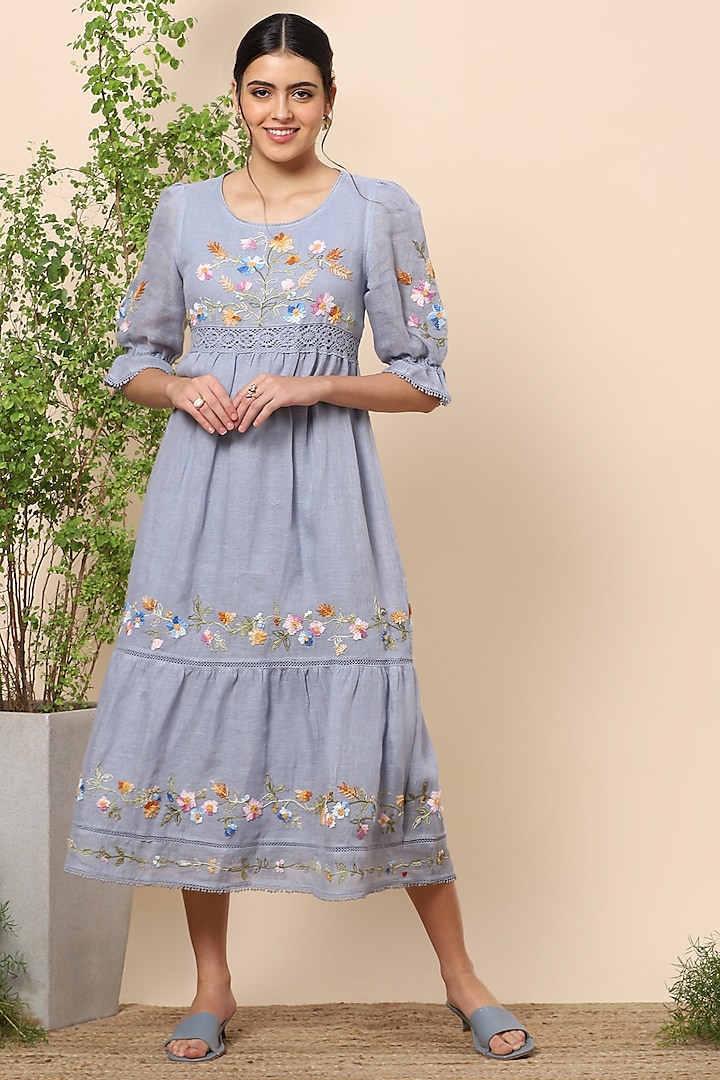 Star Blue Embroidered Midi Dress by Kaveri