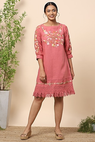 Apricot Embroidered Mini Dress by Kaveri