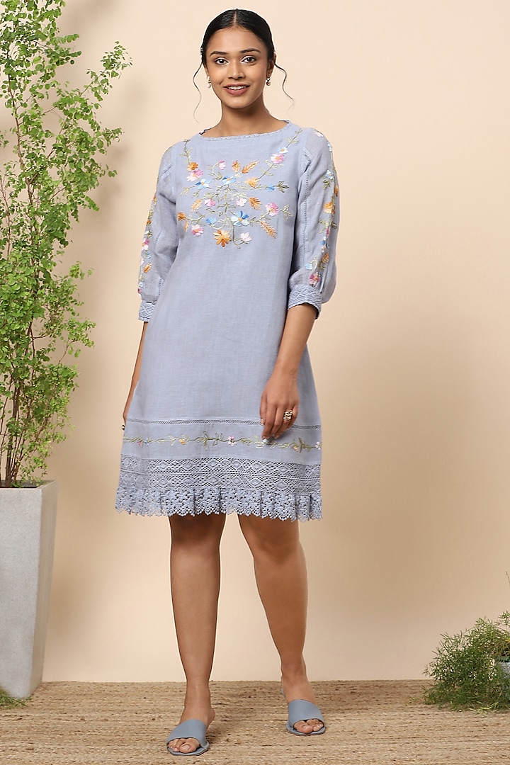 Star Blue Floral Embroidered Mini Dress by Kaveri