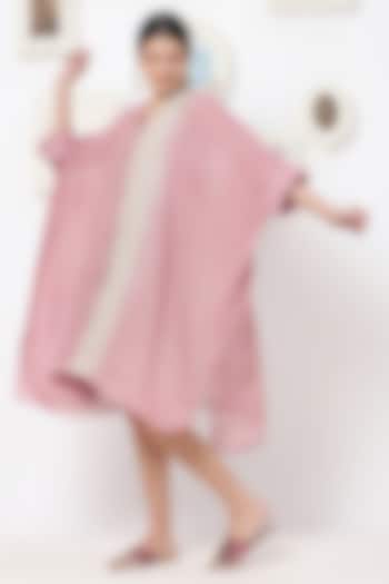 Beige & Blush Pink Linen Midi Dress by Kaveri