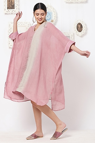 Beige & Blush Pink Linen Midi Dress by Kaveri