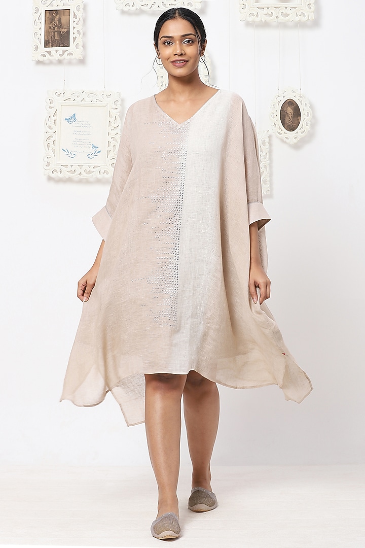 Beige & Off-White Linen Midi Summer Dress by Kaveri at Pernia's Pop Up Shop