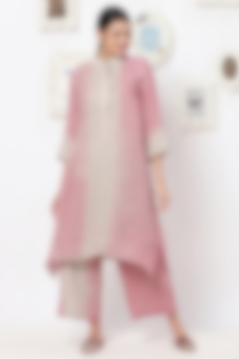 Beige & Blush Pink Linen Kurta Set by Kaveri