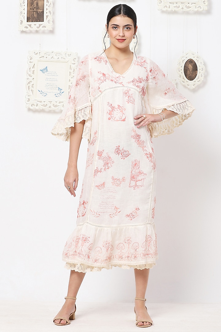 Off-White & Dusty Rose Printed Dress by Kaveri
