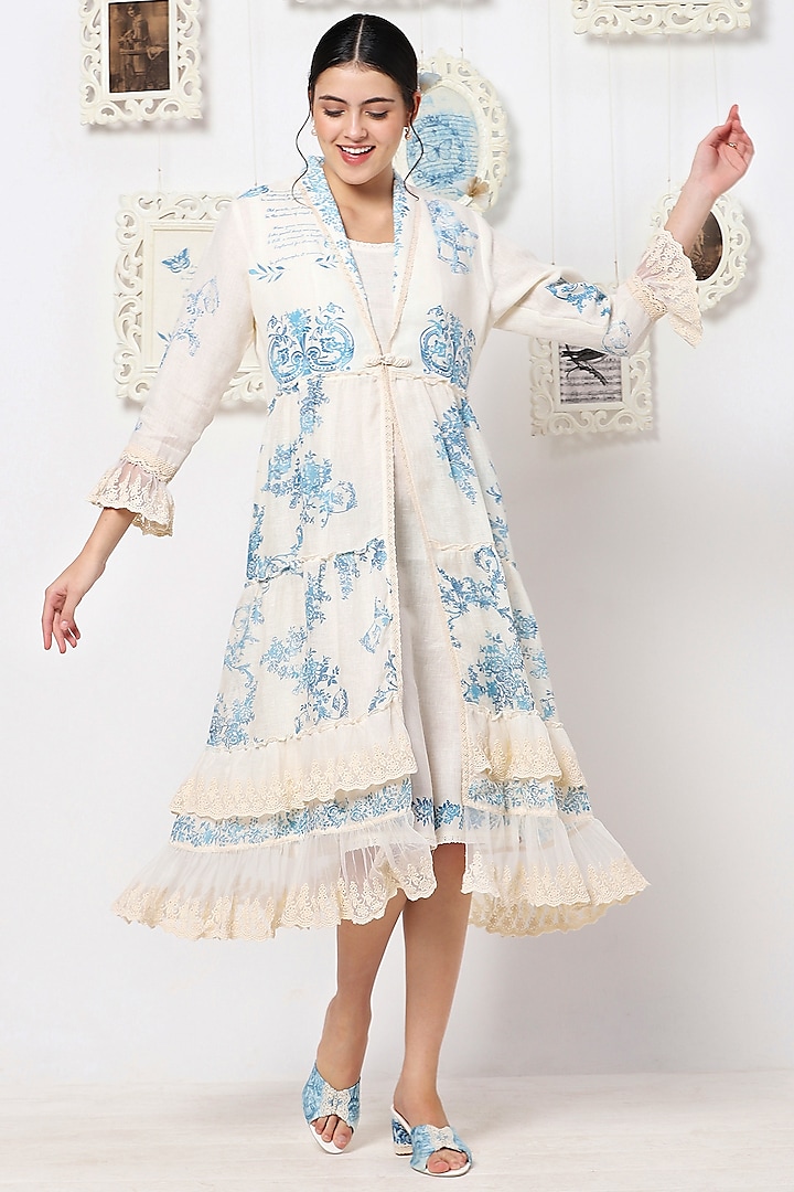 Off-White & Blue Printed Dress With Jacket by Kaveri