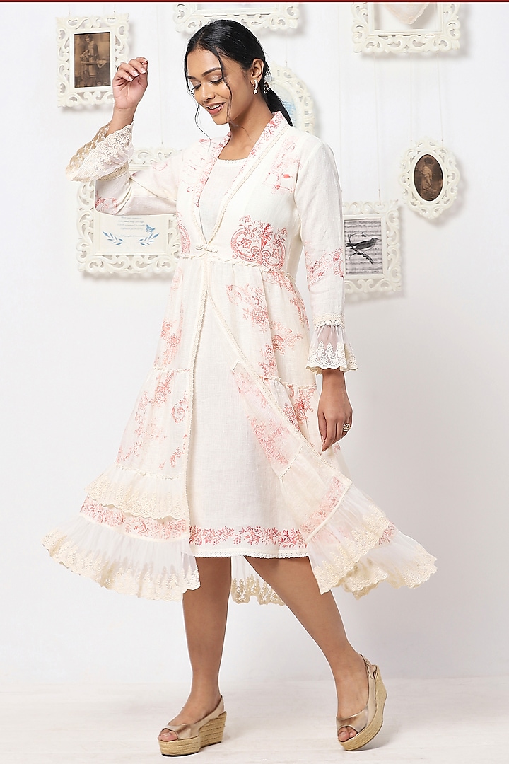 Off-White & Dusty Rose Printed Dress With Jacket by Kaveri