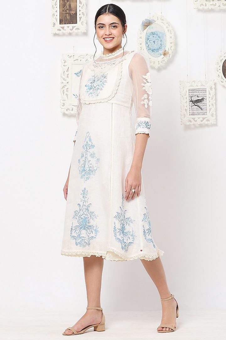 Off-White & Blue Embroidered Dress by Kaveri
