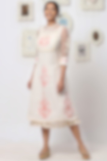 Off-White & Dusty Rose Embroidered Dress by Kaveri