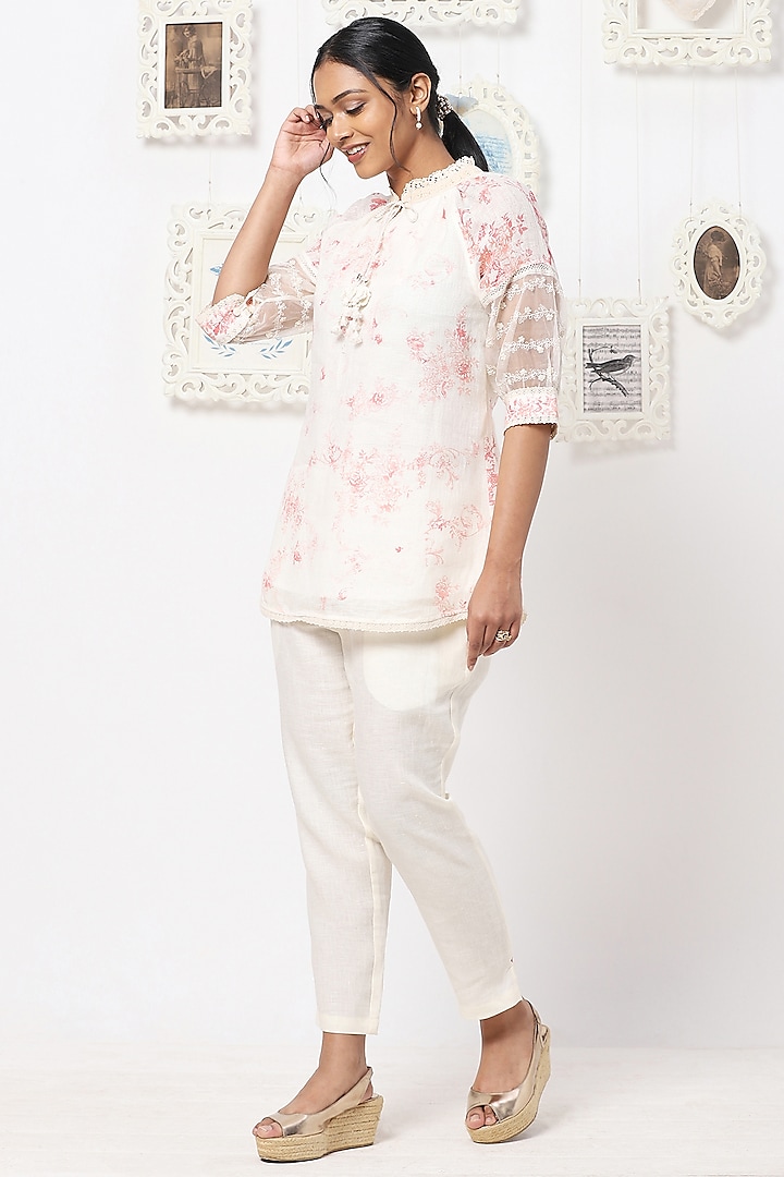 Off-White & Dusty Rose Printed Pant Set by Kaveri
