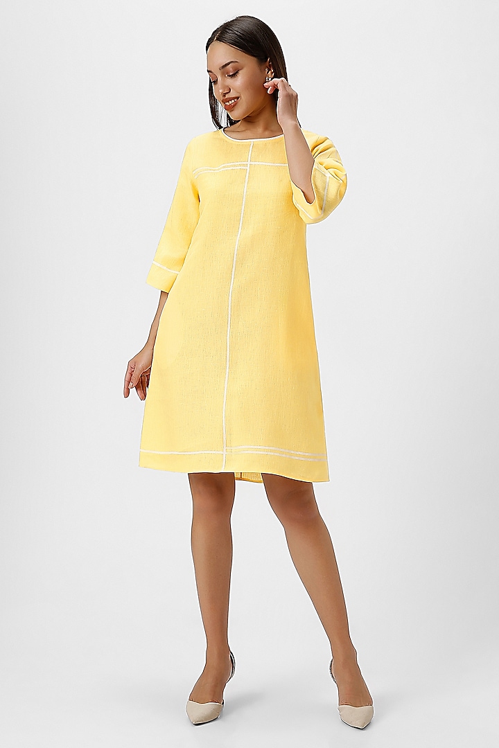 Yellow Linen Hand Screen Printed Dress by Kaveri at Pernia's Pop Up Shop