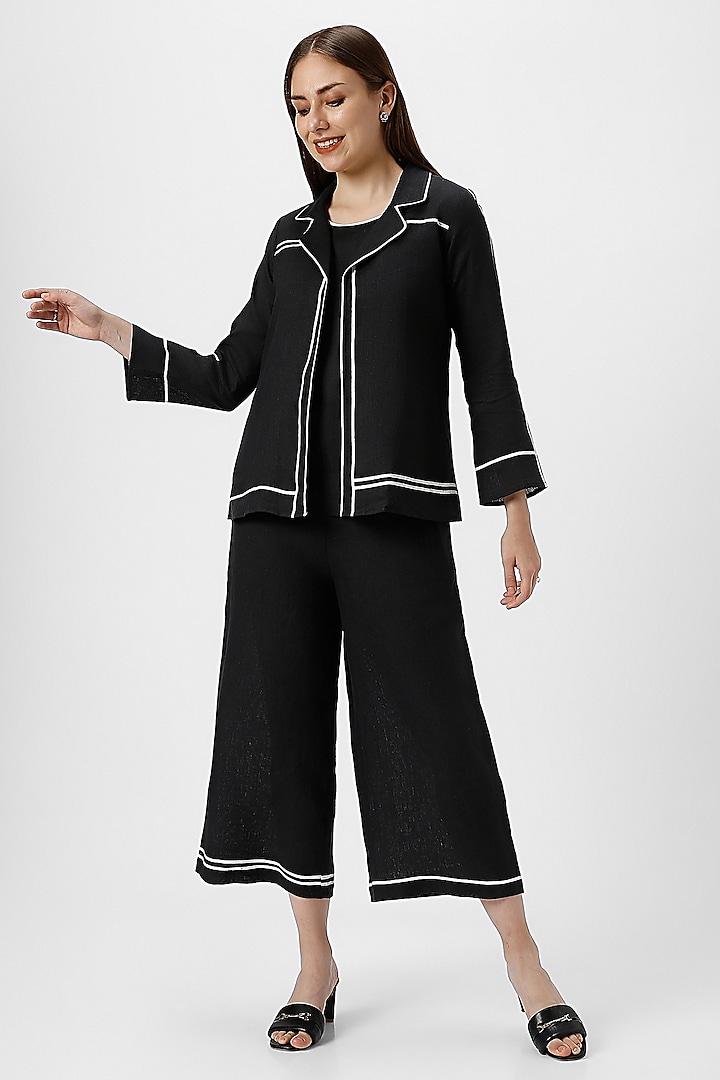 Black Linen Hand Screen Printed Jacket Set by Kaveri at Pernia's Pop Up Shop