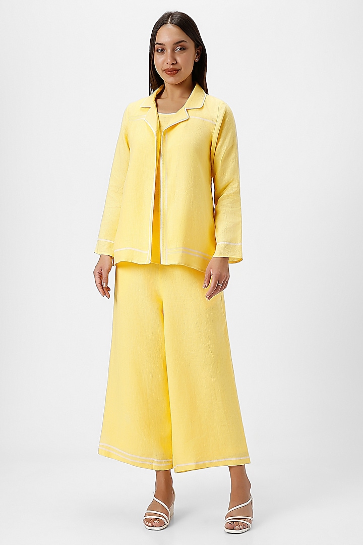 Yellow Linen Hand Screen Printed Jacket Set by Kaveri