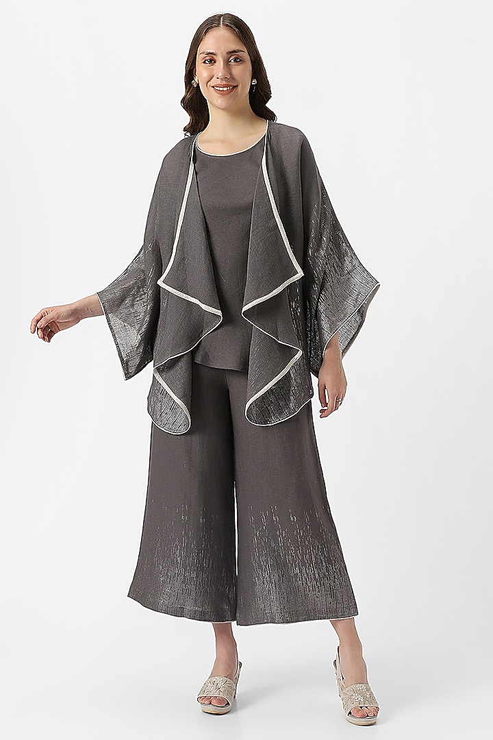 Iron Grey Linen Flared Jacket Set by Kaveri at Pernia's Pop Up Shop