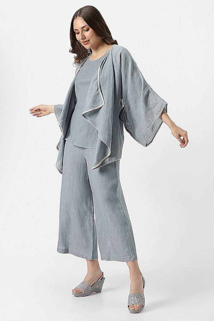 Shadow Blue Linen Flared Jacket Set by Kaveri at Pernia's Pop Up Shop