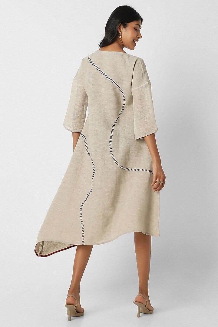 Beige Line Hand Screen Printed Wiggle Summer Dress by Kaveri at Pernia's Pop Up Shop